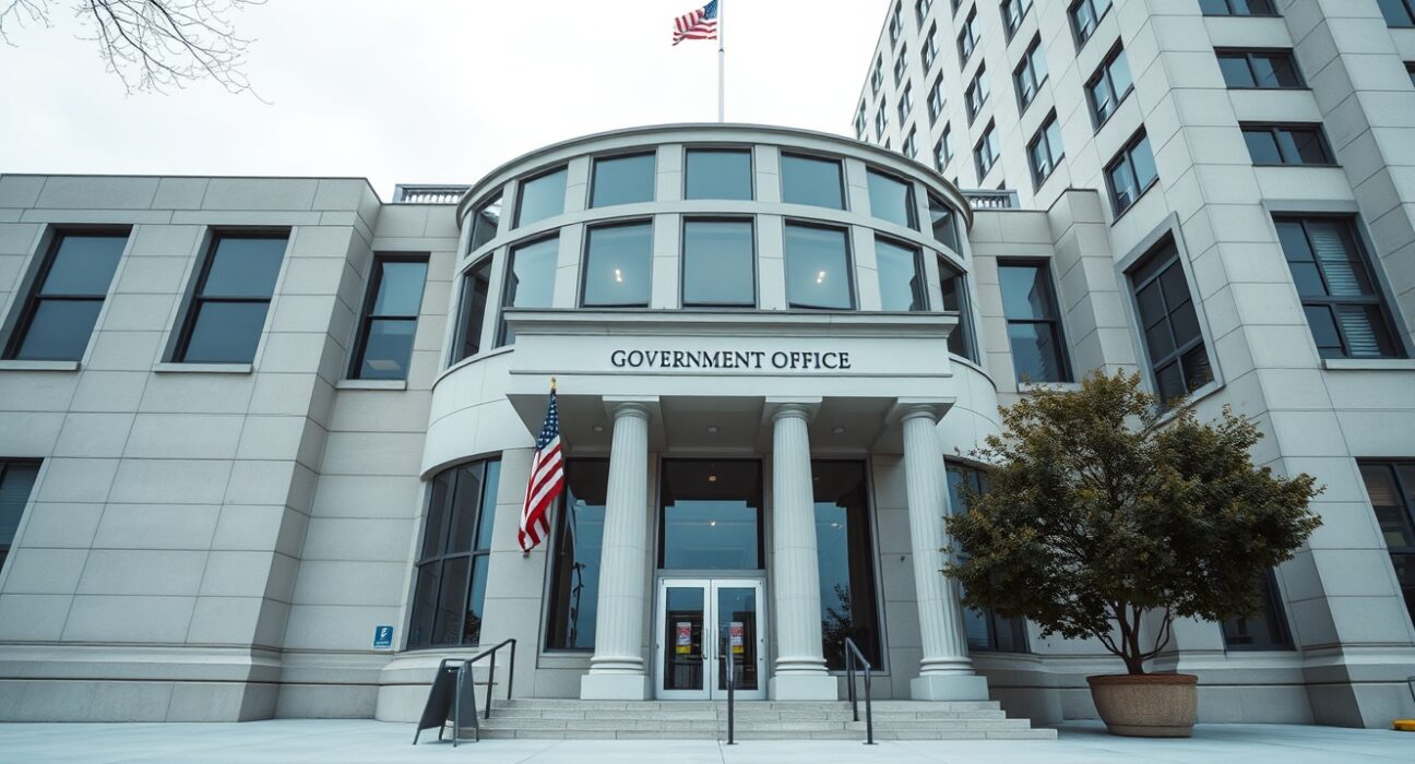 Exterior of a US government building in Washington D.C. on an overcast day.