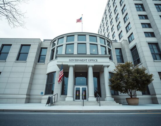Exterior of a US government building in Washington D.C. on an overcast day.