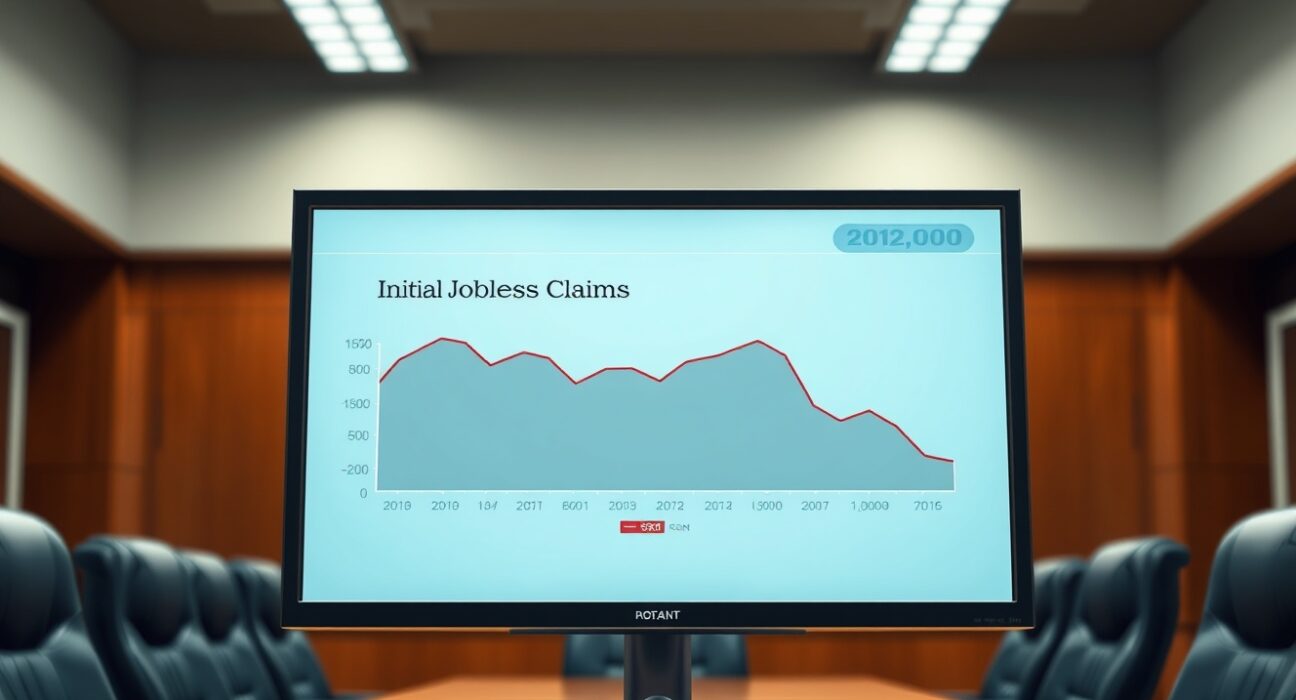 Federal Reserve economic data dashboard showing initial jobless claims at 202,000 impacting interest rate decisions.