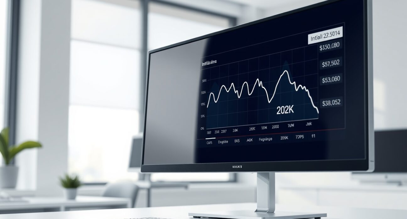 Economic data dashboard showing a decline in US initial jobless claims to 202,000 last week.