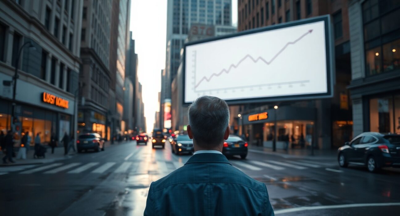 Professional man observing an economic trend chart on a digital display in a city center.