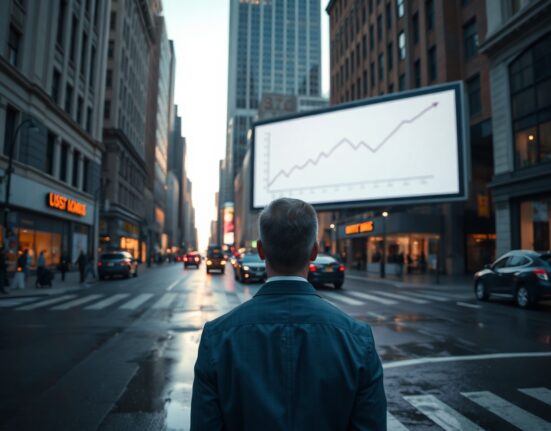 Professional man observing an economic trend chart on a digital display in a city center.
