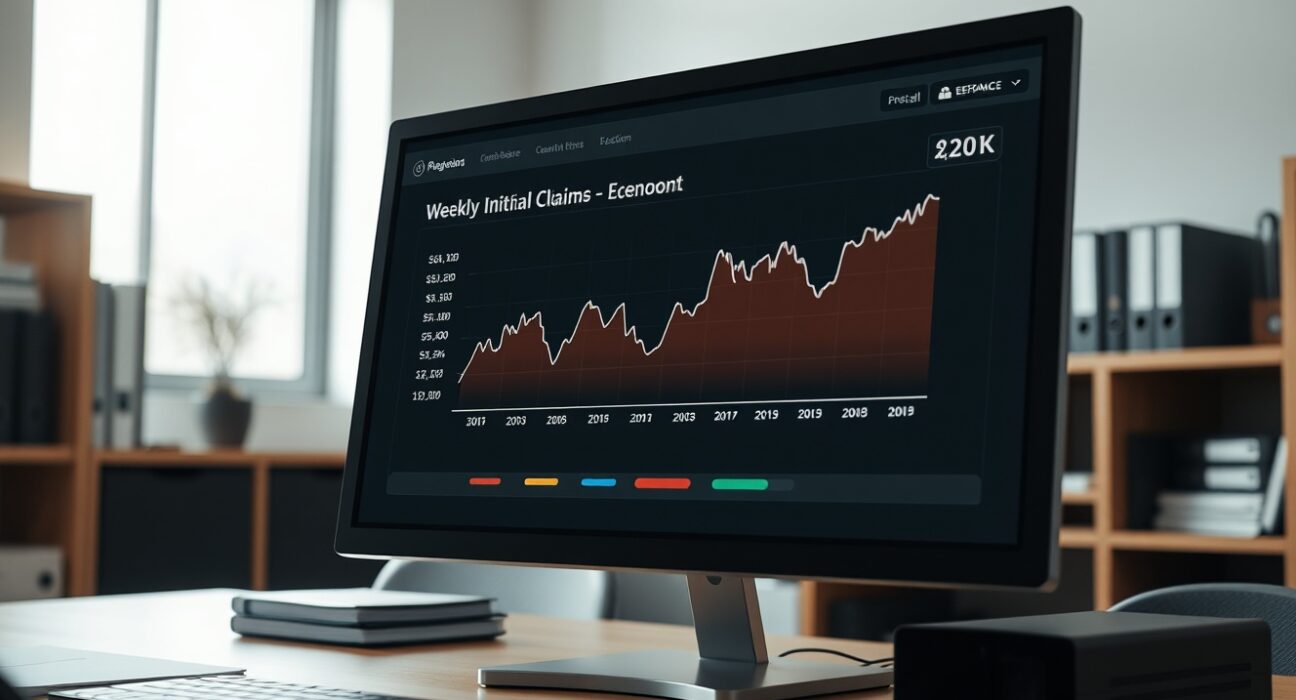 Economic data dashboard showing the rise in weekly US initial jobless claims to 210,000.