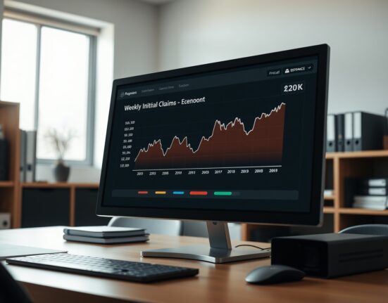 Economic data dashboard showing the rise in weekly US initial jobless claims to 210,000.