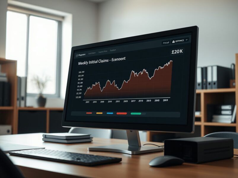 Economic data dashboard showing the rise in weekly US initial jobless claims to 210,000.