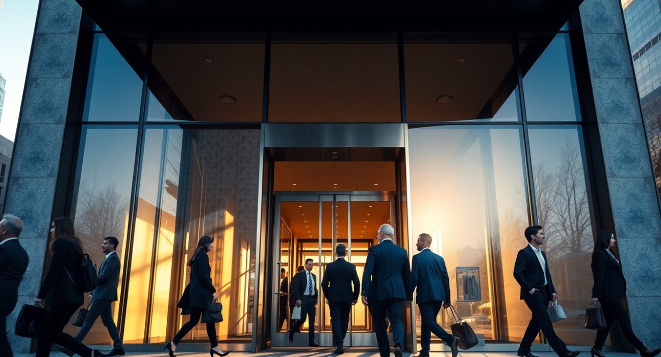 Professionals walking into a modern office building during a morning commute, representing the US labor market.