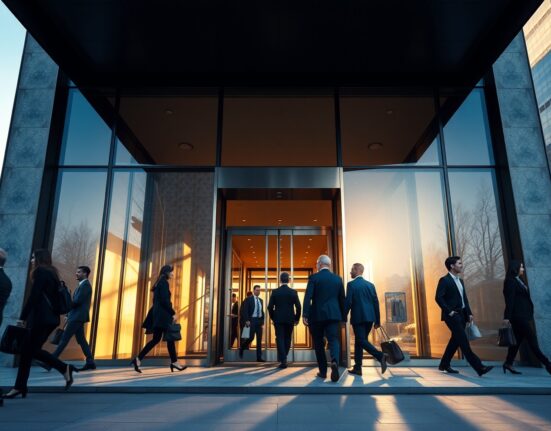 Professionals walking into a modern office building during a morning commute, representing the US labor market.