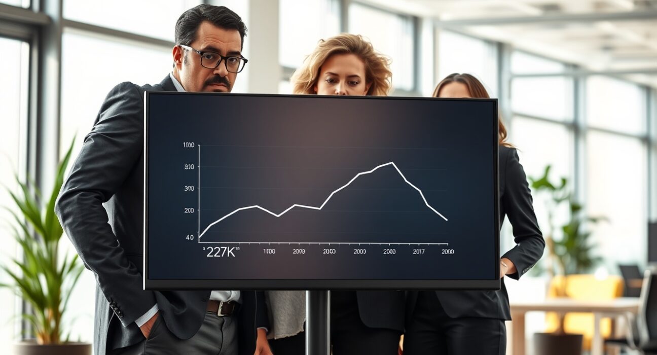 Professionals analyzing a chart showing the drop in US initial jobless claims to 213,000.