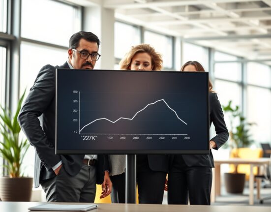 Professionals analyzing a chart showing the drop in US initial jobless claims to 213,000.
