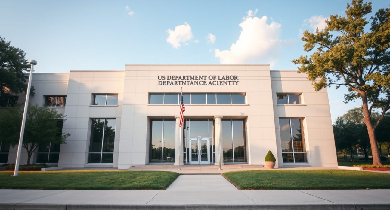 US Department of Labor building exterior on a sunny day, representing jobless claims data.