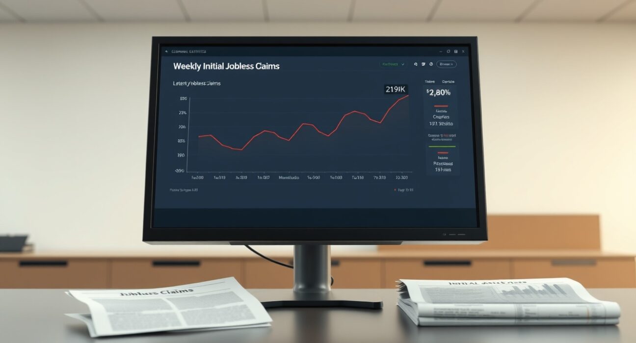 Economic dashboard showing weekly initial jobless claims data with upward trend to 219K