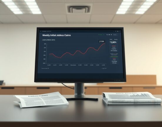 Economic dashboard showing weekly initial jobless claims data with upward trend to 219K