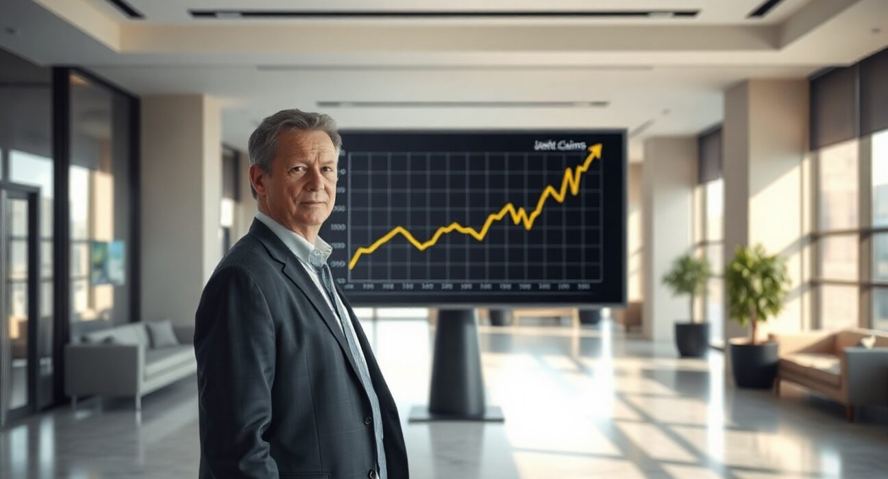 Person looking at a digital display showing an upward trend in US jobless claims data
