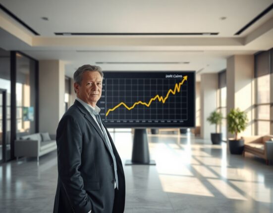 Person looking at a digital display showing an upward trend in US jobless claims data