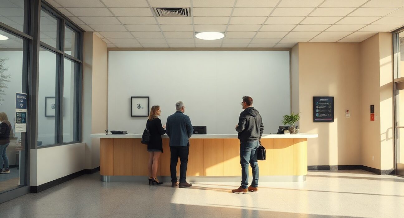 People waiting in line at a US unemployment office during daytime