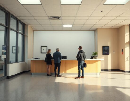 People waiting in line at a US unemployment office during daytime