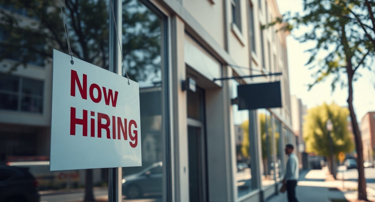 People walking near a 'Now Hiring' sign outside an office building, symbolizing the latest jobless claims data.