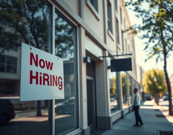 People walking near a 'Now Hiring' sign outside an office building, symbolizing the latest jobless claims data.