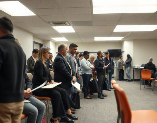 People waiting at an American unemployment office, reflecting the latest jobless claims data