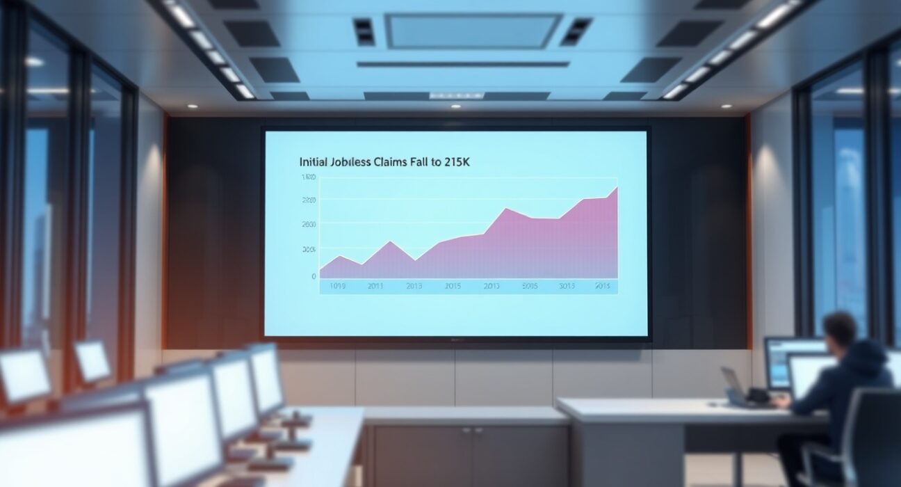 Digital screen displaying a chart of falling US initial jobless claims data in a modern newsroom.