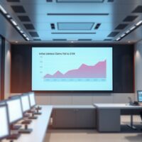 Digital screen displaying a chart of falling US initial jobless claims data in a modern newsroom.