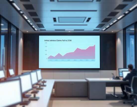 Digital screen displaying a chart of falling US initial jobless claims data in a modern newsroom.