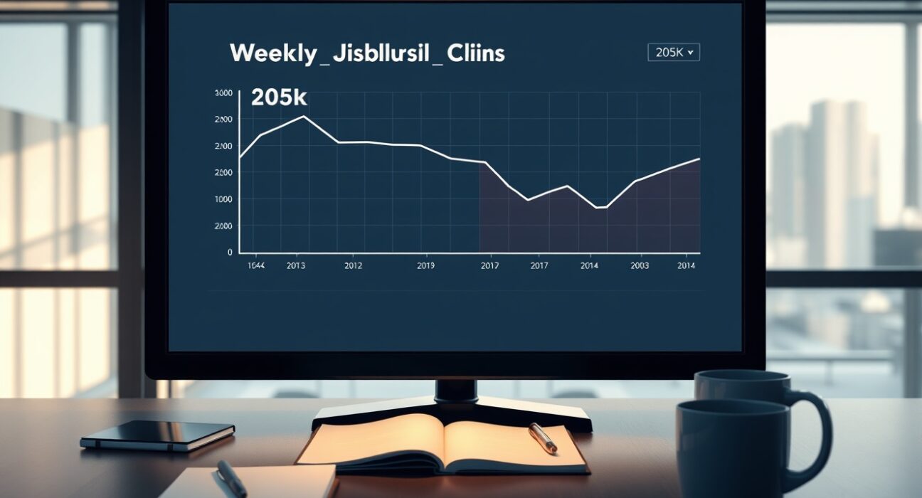 Economic data dashboard showing a decline in US weekly Initial Jobless Claims to 205 thousand.