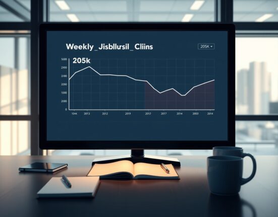 Economic data dashboard showing a decline in US weekly Initial Jobless Claims to 205 thousand.