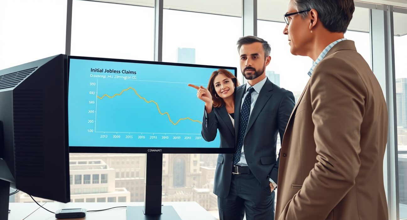 Economic analysts review declining US initial jobless claims data on a monitor in a Department of Labor office.