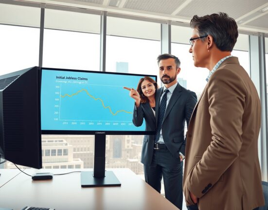 Economic analysts review declining US initial jobless claims data on a monitor in a Department of Labor office.