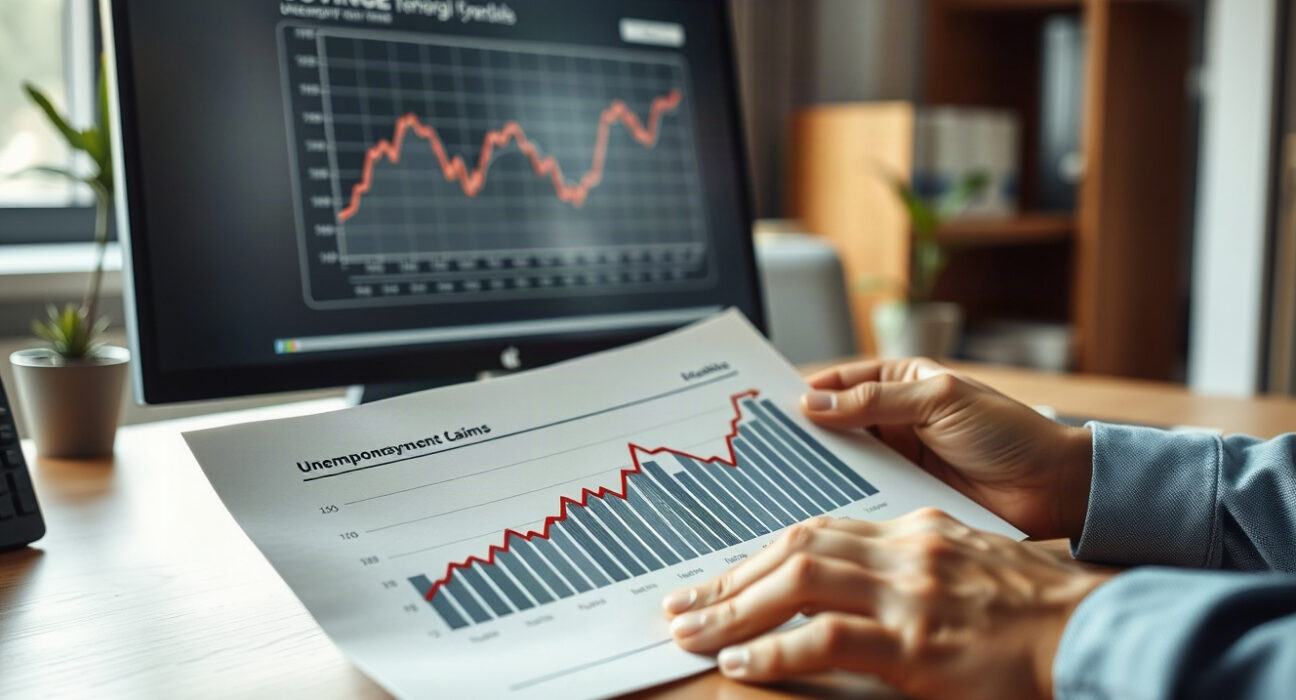 Economist reviewing a declining unemployment claims chart on a desk with a computer monitor in the background