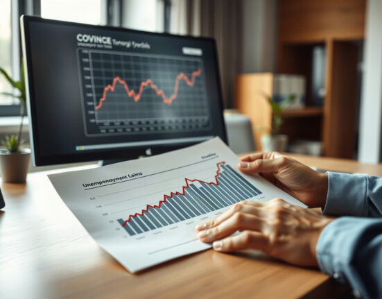 Economist reviewing a declining unemployment claims chart on a desk with a computer monitor in the background