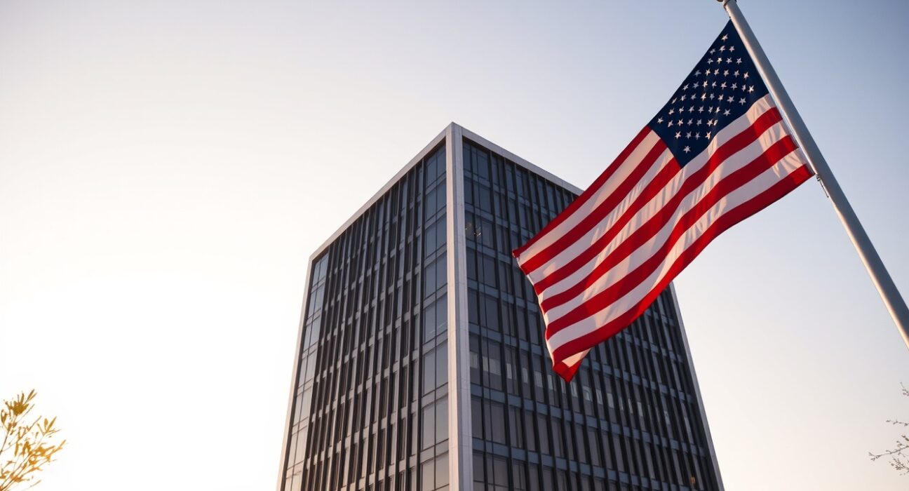 Professional office building with American flag representing US employment and economic data.