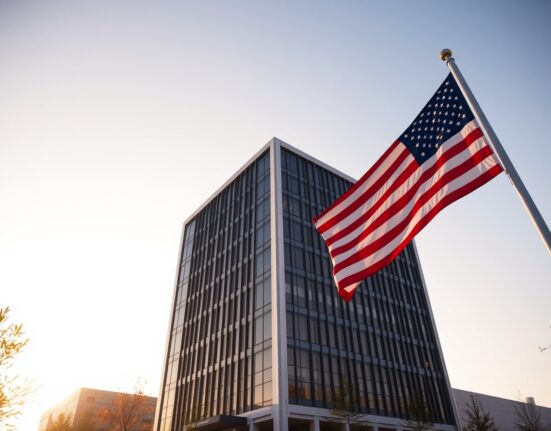 Professional office building with American flag representing US employment and economic data.