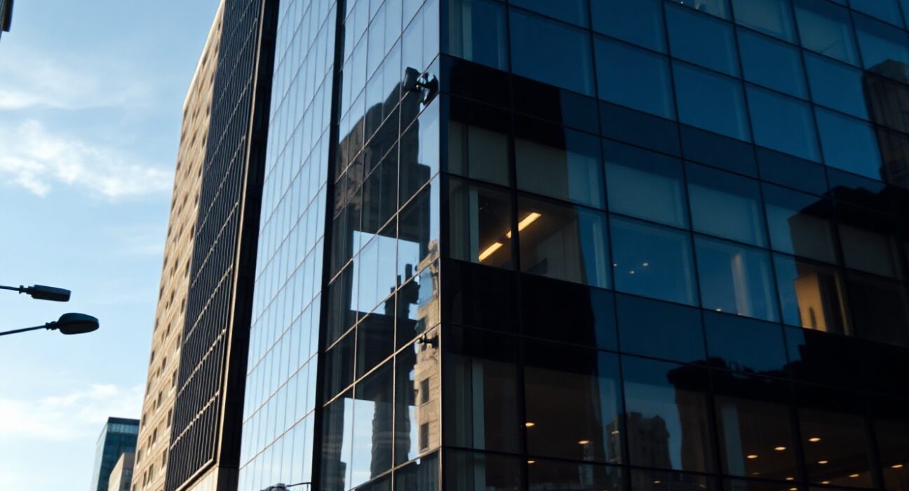 Modern office building in a financial district, representing the US economy and labor market