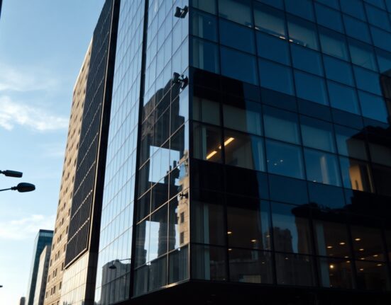 Modern office building in a financial district, representing the US economy and labor market