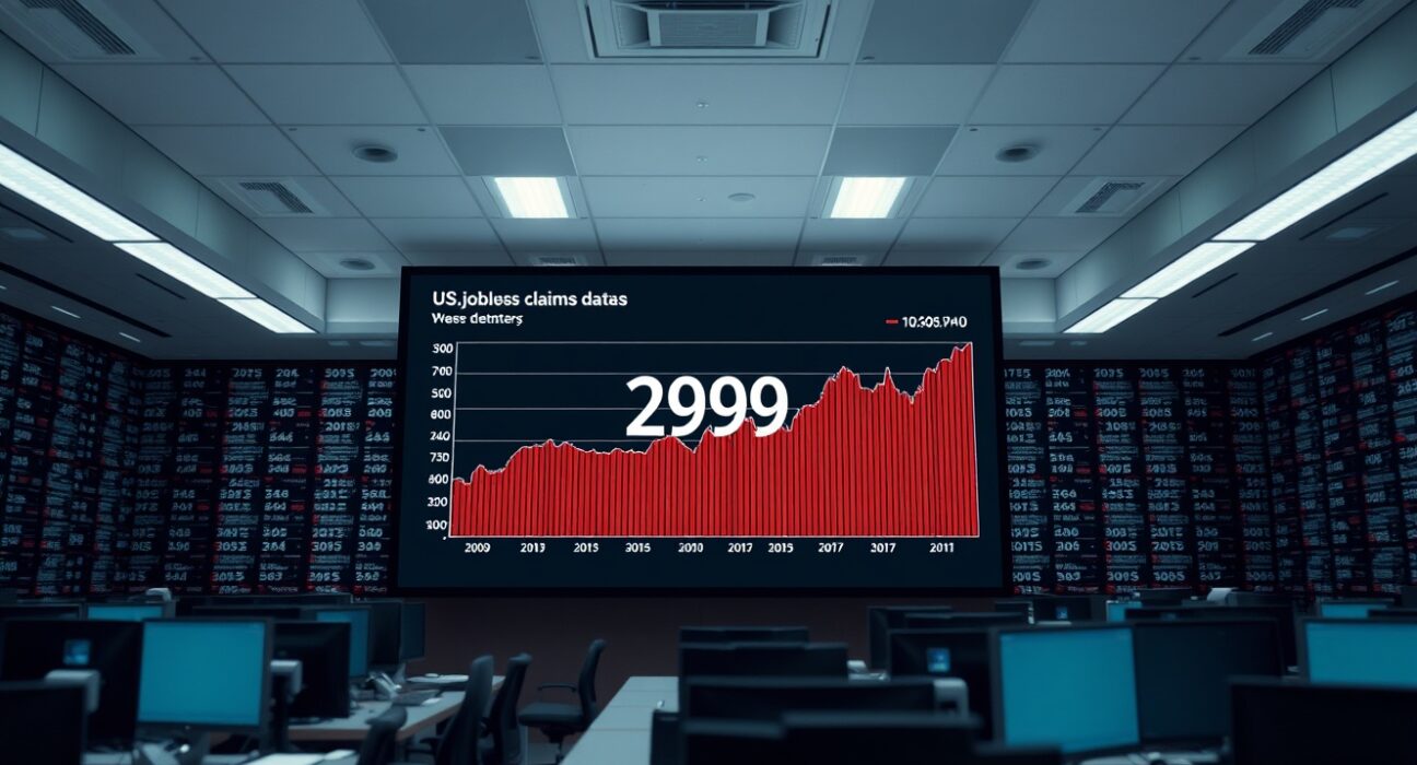 Digital display showing US jobless claims data at 209K in a modern newsroom setting.