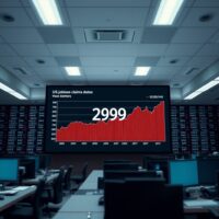 Digital display showing US jobless claims data at 209K in a modern newsroom setting.
