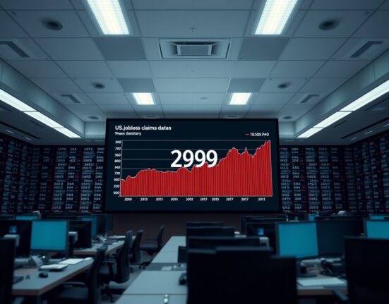 Digital display showing US jobless claims data at 209K in a modern newsroom setting.