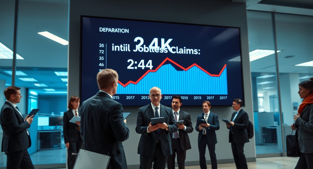 US initial jobless claims rise to 214K, displayed on a screen in a labor department office with analysts observing.