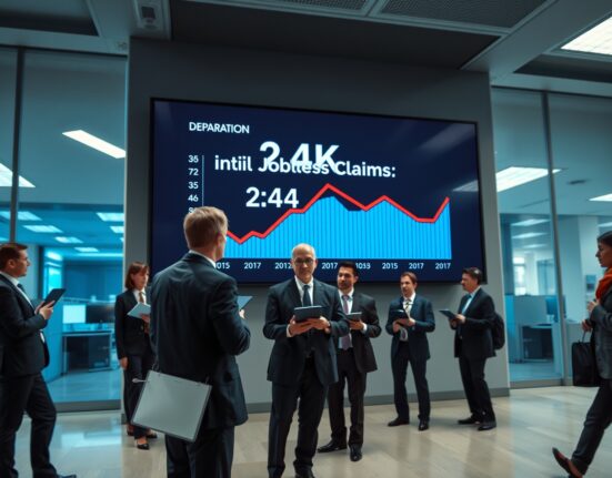US initial jobless claims rise to 214K, displayed on a screen in a labor department office with analysts observing.