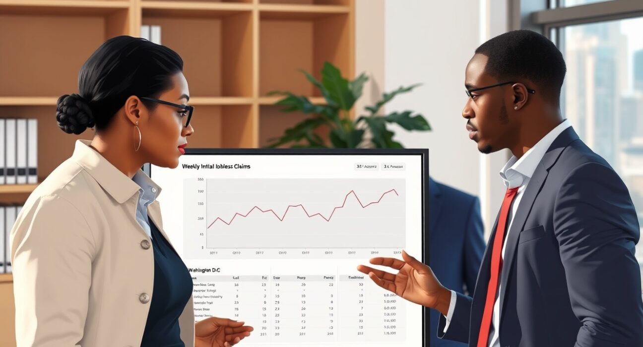 Analysts reviewing steady US initial jobless claims data on a dashboard in a Department of Labor office.