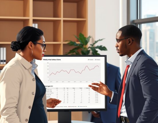 Analysts reviewing steady US initial jobless claims data on a dashboard in a Department of Labor