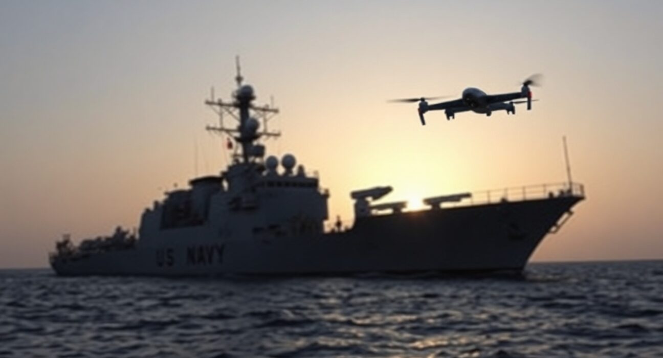 US Navy destroyer patrolling the Strait of Hormuz with an Iranian drone in the sky