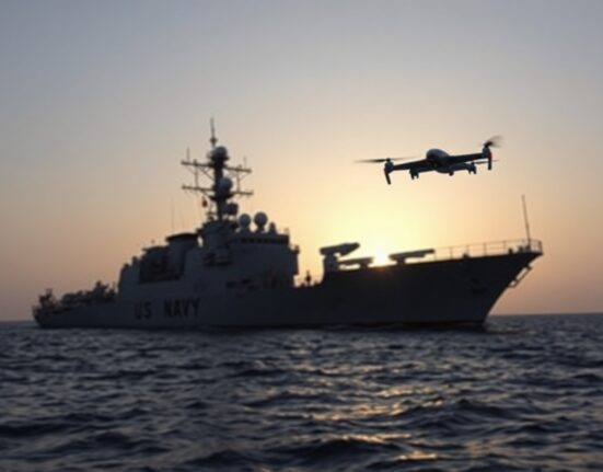 US Navy destroyer patrolling the Strait of Hormuz with an Iranian drone in the sky