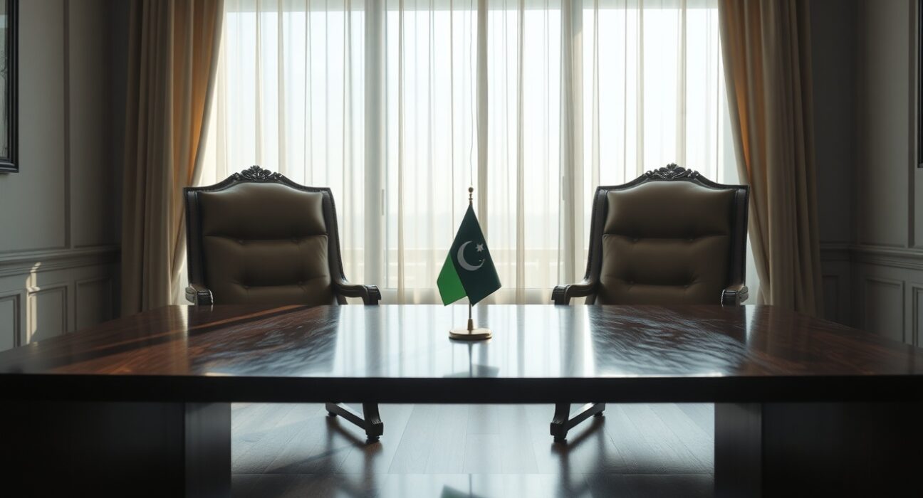 Empty chairs in a diplomatic meeting room in Islamabad, symbolizing US-Iran nuclear negotiations.
