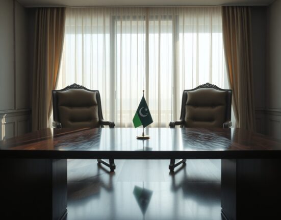 Empty chairs in a diplomatic meeting room in Islamabad, symbolizing US-Iran nuclear negotiations.
