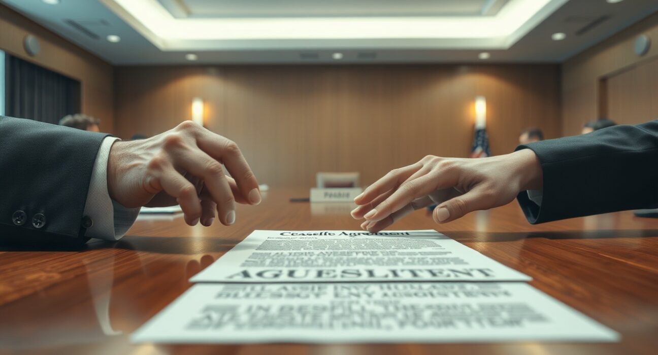 Diplomatic hands reaching for a 45-day US-Iran ceasefire agreement document during tense negotiations