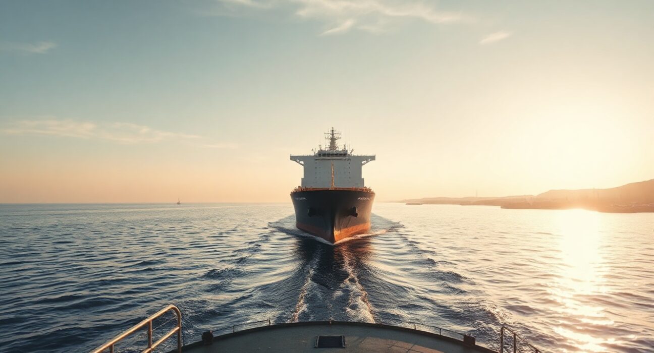 Oil tanker sailing through the Strait of Hormuz at dawn after US Iran accord reopening