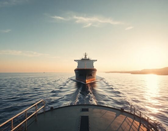 Oil tanker sailing through the Strait of Hormuz at dawn after US Iran accord reopening